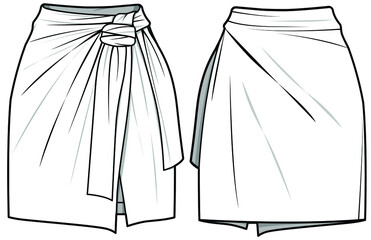Women Short Sarong Skirt, Wrap Around Mini Skirt, Wrap Short skirt, Beach Mini Skirt Front and Back View. fashion illustration vector, CAD, technical drawing, flat drawing.