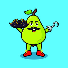 Cute cartoon pirate pear fruit with hook hand in 3d modern style design