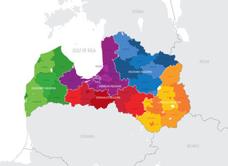 Map of the Statistical regions of Latvia, State cities and municipalities as of 2021, detailed vector illustration