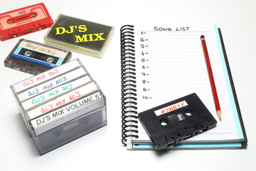 Retro audio cassette tape from the 80s and 90s on a white background. blank playlist on notebook....