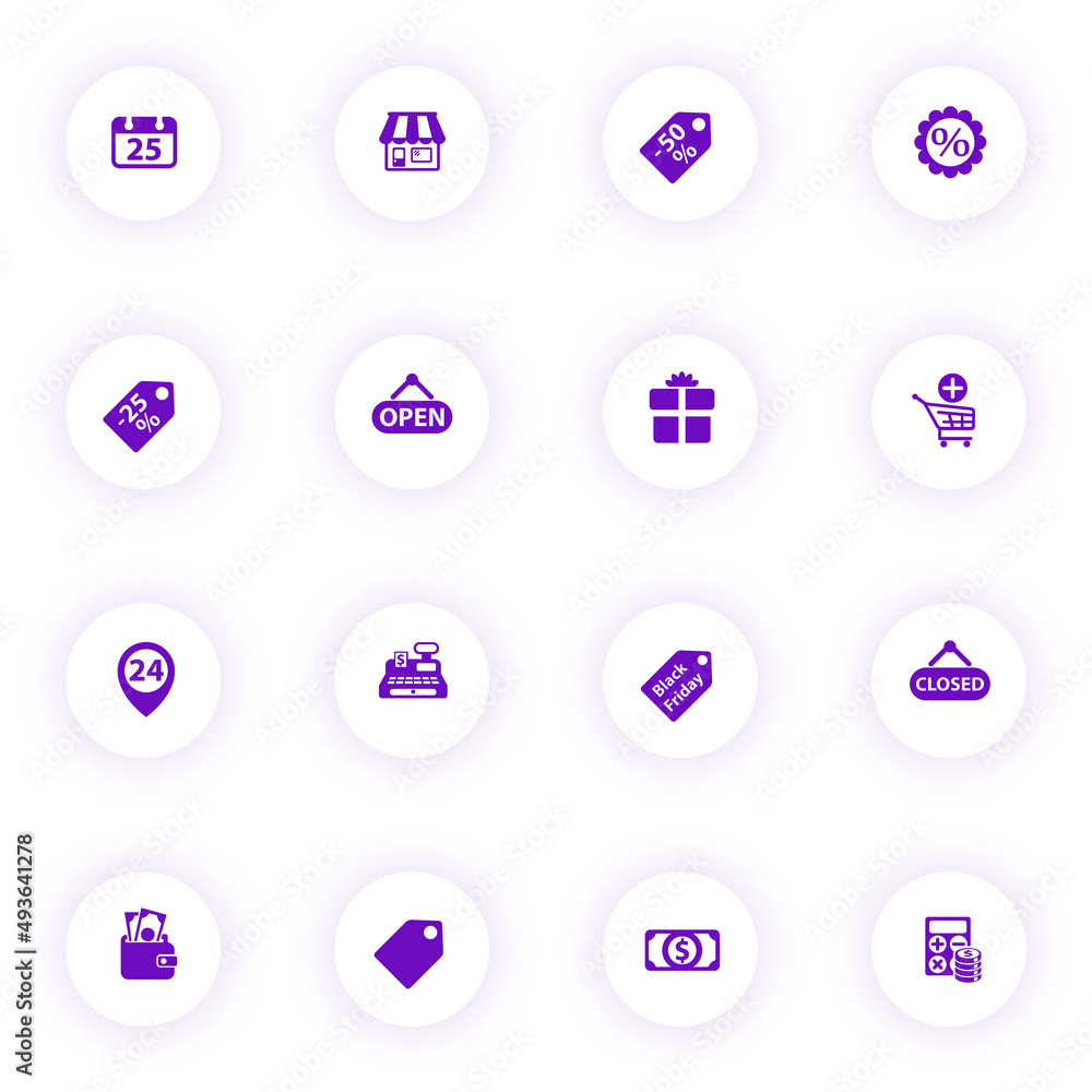 Poster black friday purple color vector icons on light round buttons with purple shadow. black friday icon 