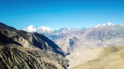 A panoramic view on dry Himalayan landscape. Located in Mustang region, Annapurna Circuit Trek in...