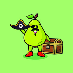 Cute cartoon character Pear fruit pirate with treasure box in modern style design