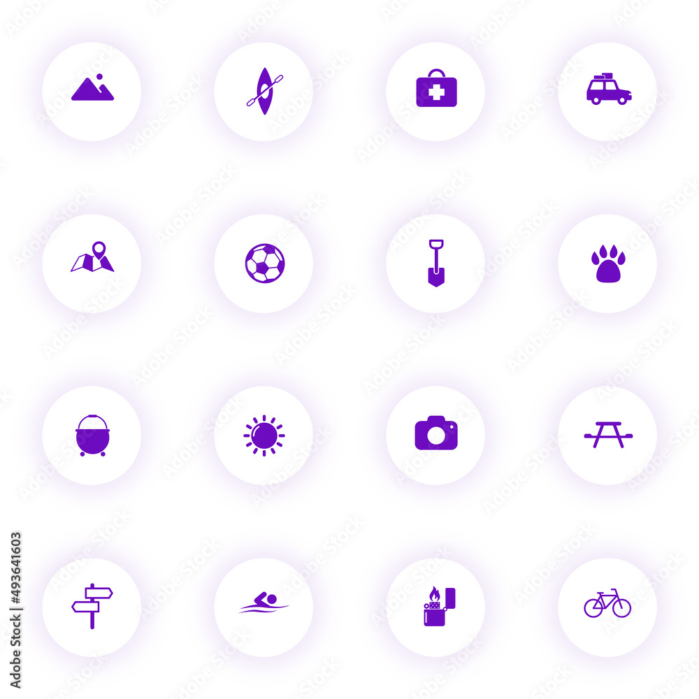 Poster camping purple color vector icons on light round buttons with purple shadow. camping icon set for we