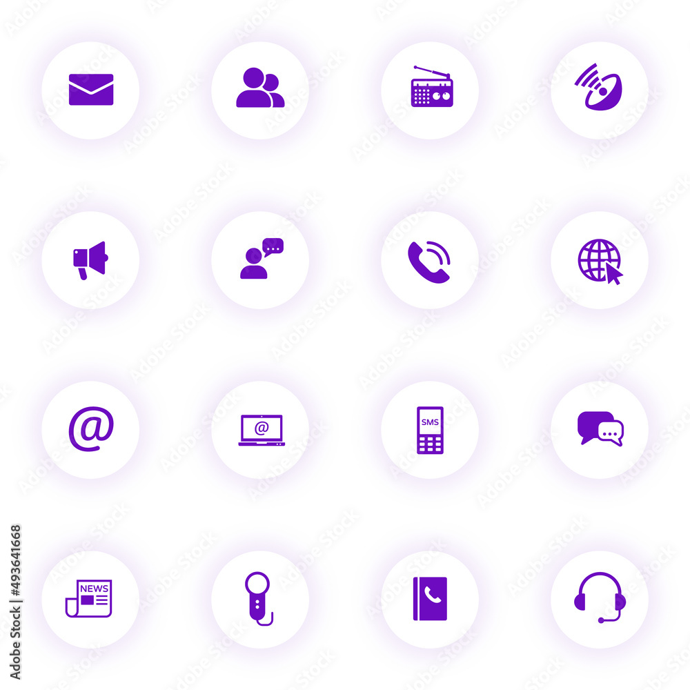 Poster communication purple color vector icons on light round buttons with purple shadow. communication ico