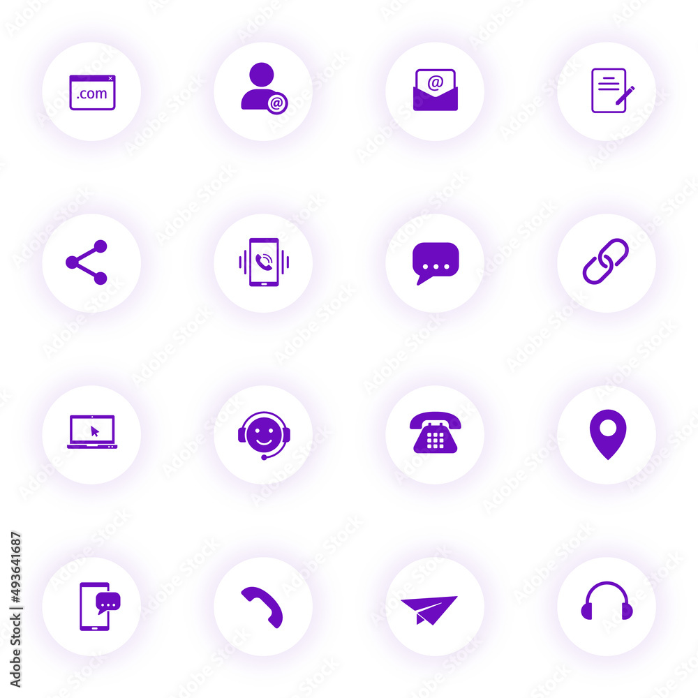 Poster communication purple color vector icons on light round buttons with purple shadow. communication ico
