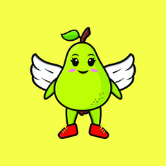 Cute cartoon pear fruit character wearing wings in modern style design  
