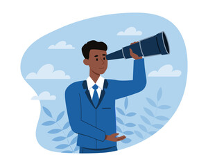 Search and business vision concept. Young man in suit holds telescope and looks into future. Entrepreneur develops business promotion strategy. Achieving success. Cartoon flat vector illustration