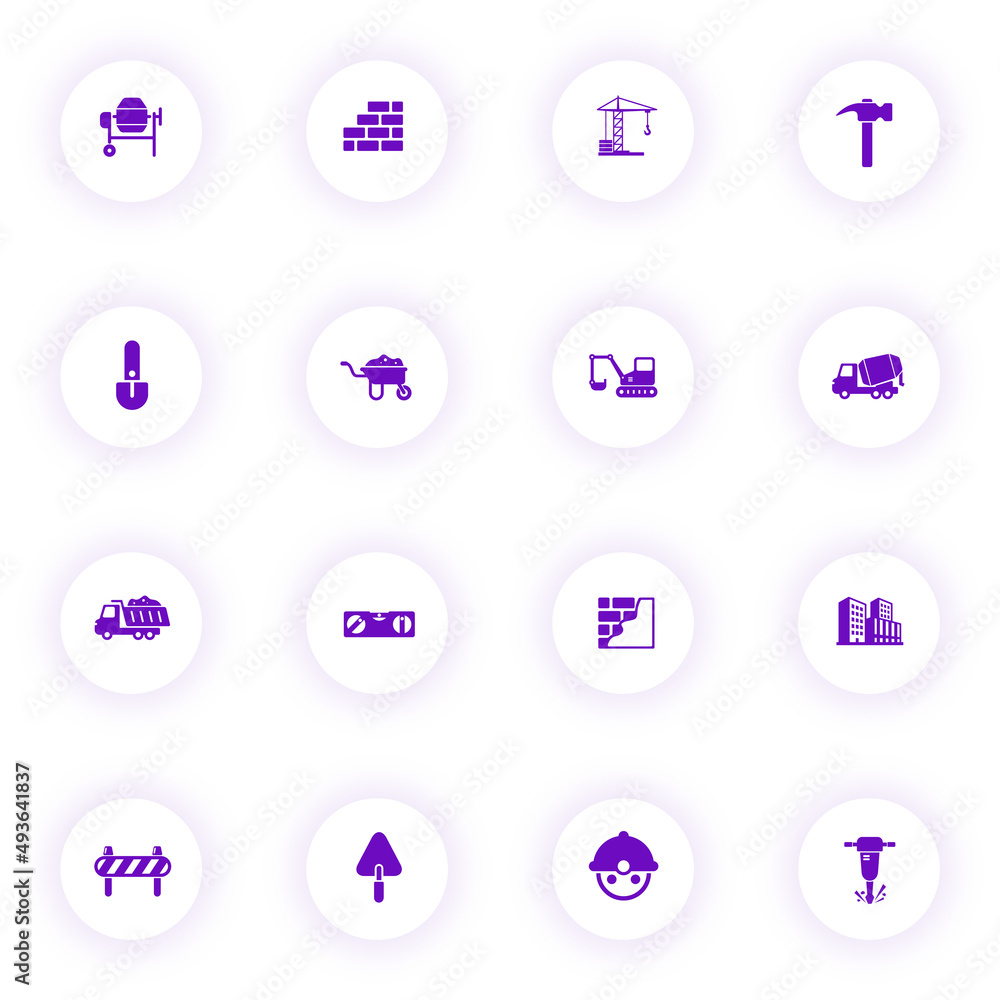 Poster construction purple color vector icons on light round buttons with purple shadow. construction icon 