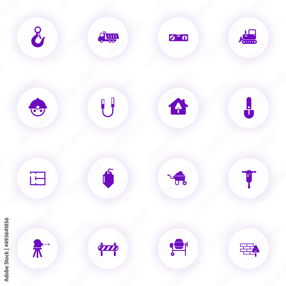 Poster construction purple color vector icons on light round buttons with purple shadow. construction icon 