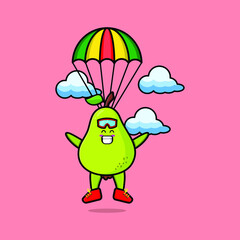Cute mascot cartoon Pear fruit is skydiving with parachute and happy gesture cute modern style design 