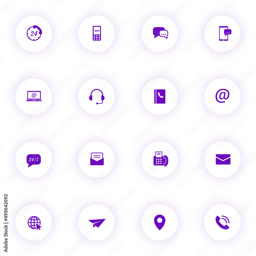 Poster contact us purple color vector icons on light round buttons with purple shadow. contact us icon set 