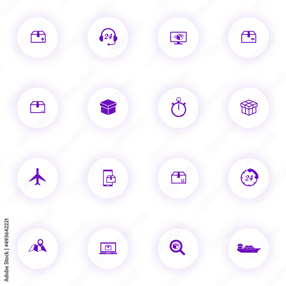 Poster delivery purple color vector icons on light round buttons with purple shadow. delivery icon set for 