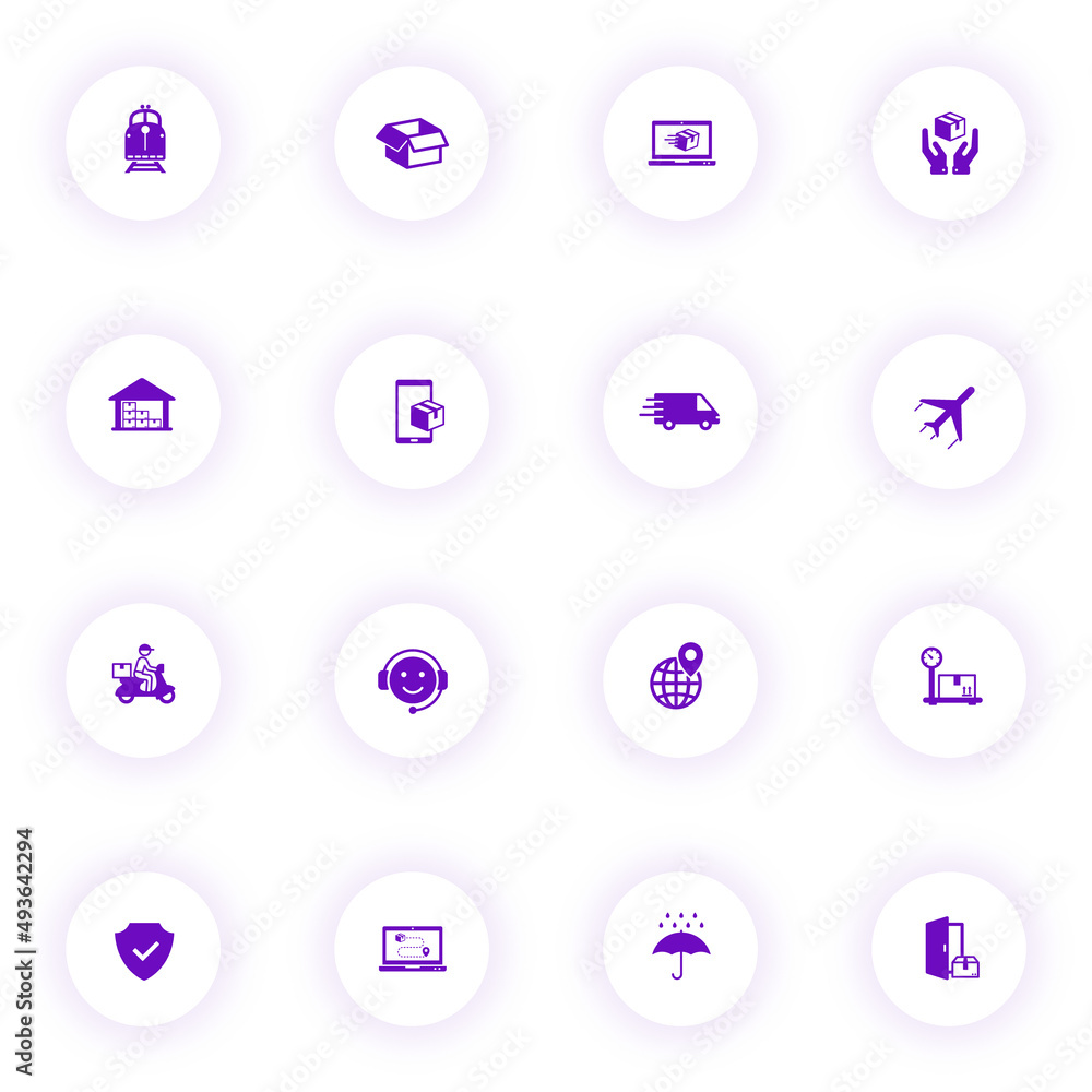 Poster delivery purple color vector icons on light round buttons with purple shadow. delivery icon set for 