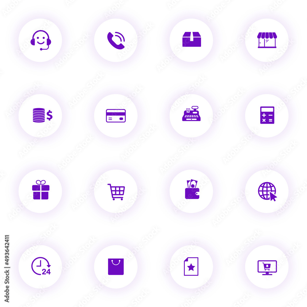 Poster e commerce purple color vector icons on light round buttons with purple shadow. e commerce icon set 