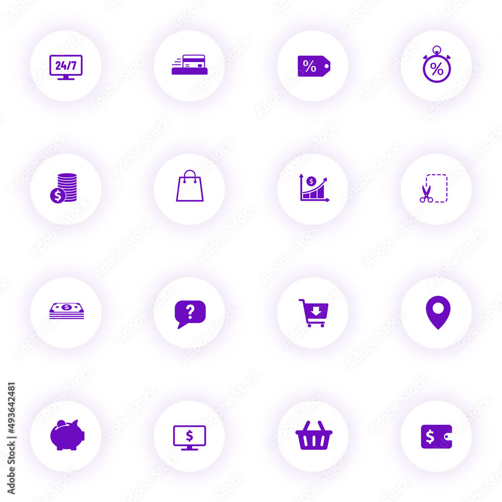 Poster e commerce purple color vector icons on light round buttons with purple shadow. e commerce icon set 