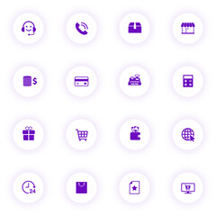 e commerce purple color vector icons on light round buttons with purple shadow. e commerce icon set for web, mobile apps, ui design and print