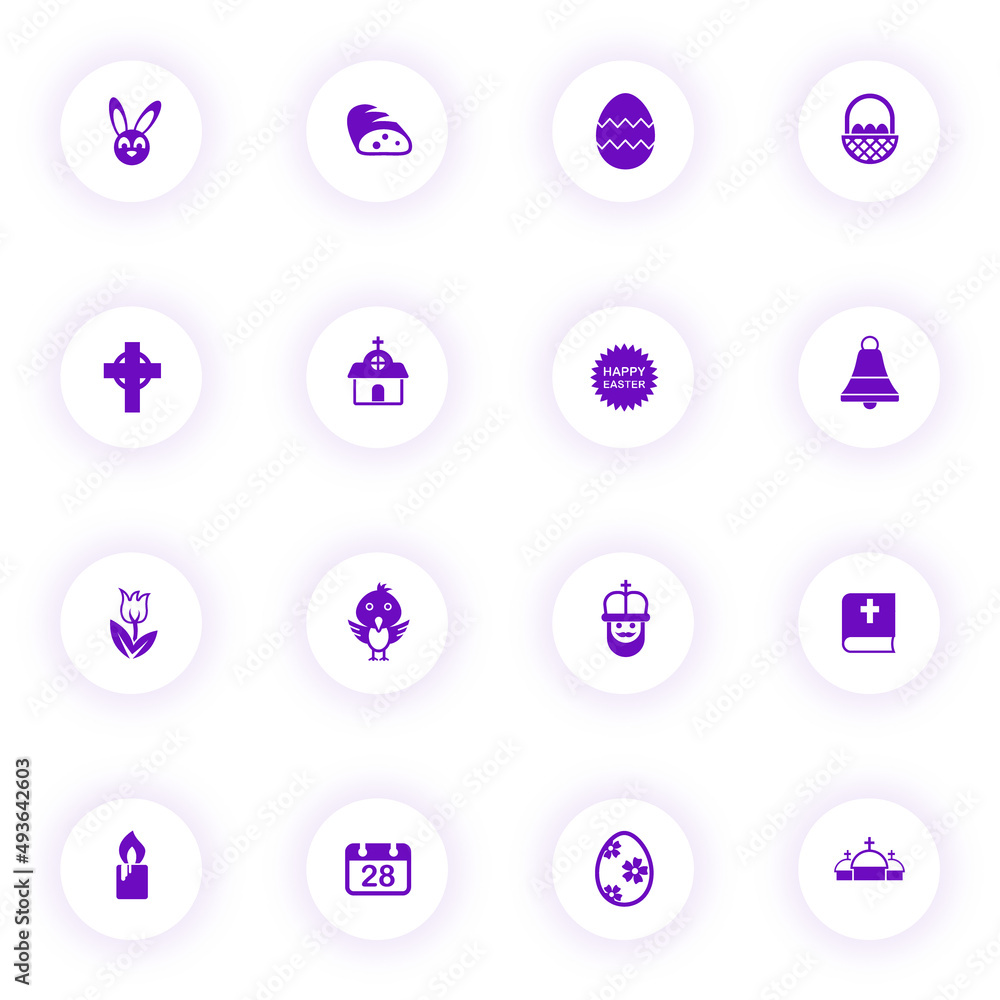 Poster easter purple color vector icons on light round buttons with purple shadow. easter icon set for web,