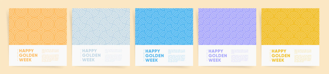 Golden week japan square template set for social media posts, card or flyer covers, asian background. Golden week holiday promo layout with geometric patterns and traditional ornaments.