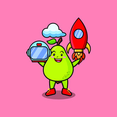 Cute mascot cartoon character Pear fruit as astronaut with rocket, helm, and cloud 