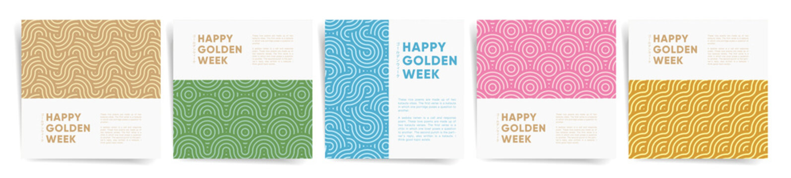 Golden Week Japan Square Template Set For Social Media Posts, Card Or Flyer Covers, Asian Background. Golden Week Holiday Promo Layout In Colorful Colors With Geometric Patterns.