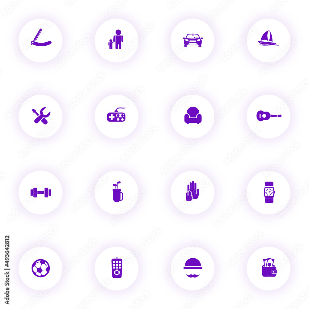 Poster father day purple color vector icons on light round buttons with purple shadow. father day icon set 