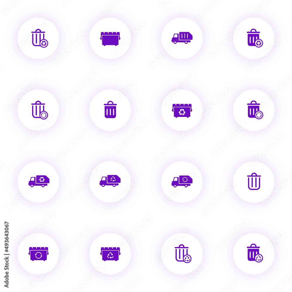 Poster garbage removal purple color vector icons on light round buttons with purple shadow. garbage removal