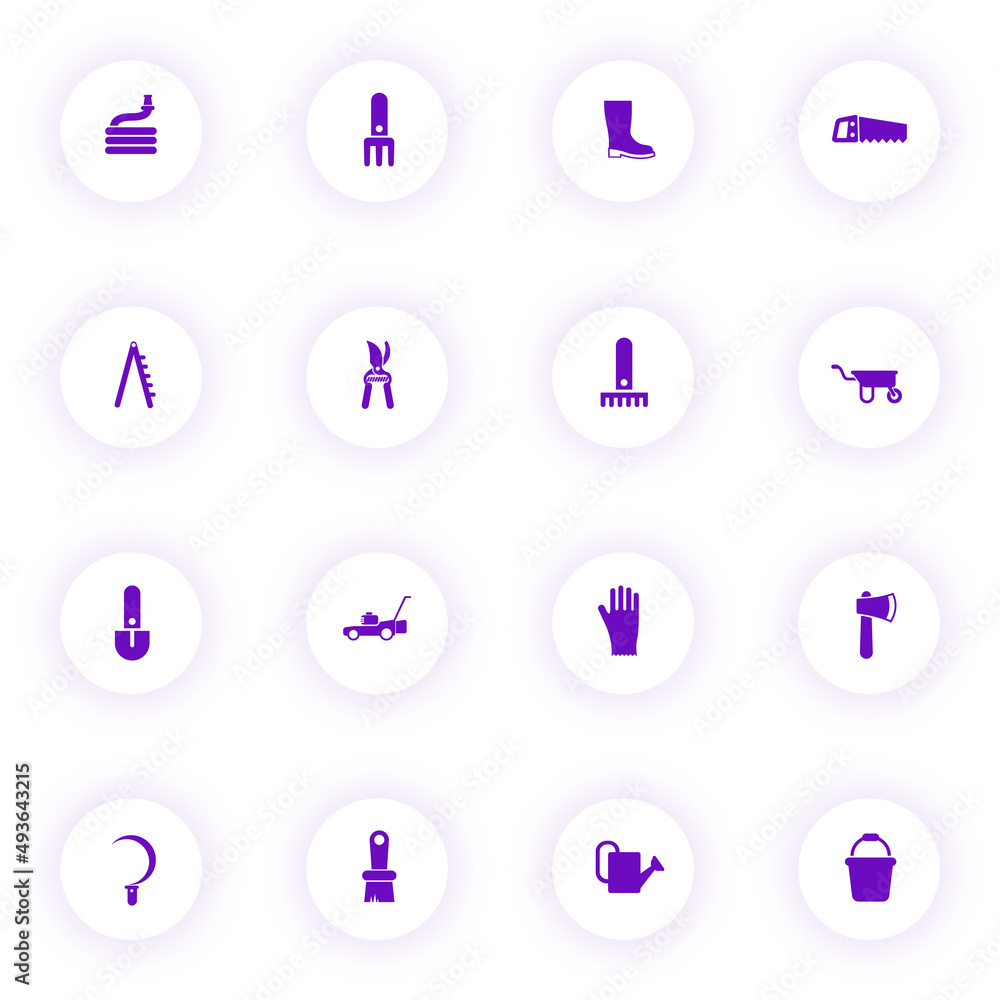 Poster garden tools purple color vector icons on light round buttons with purple shadow. garden tools icon 