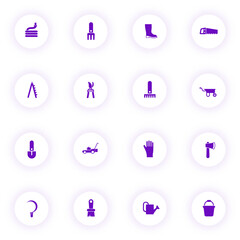 garden tools purple color vector icons on light round buttons with purple shadow. garden tools icon set for web, mobile apps, ui design and print