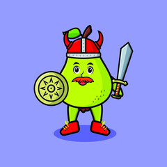 Fototapeta premium Cute cartoon character Pear fruit viking pirate with hat and holding sword and shield in cute modern style design 