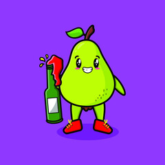 Cute cartoon character Pear fruit with soda bottle in modern cute style design 