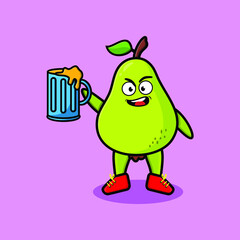 Fototapeta premium Pear fruit cartoon mascot character with beer glass and cute stylish design