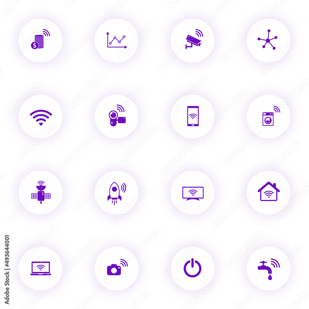 Poster internet of things purple color vector icons on light round buttons with purple shadow. iot icon set