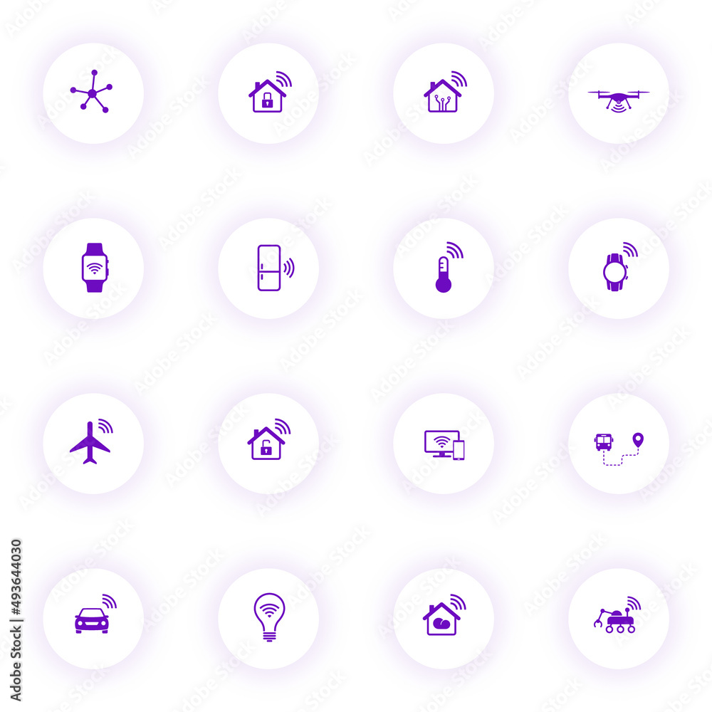 Poster internet of things purple color vector icons on light round buttons with purple shadow. iot icon set