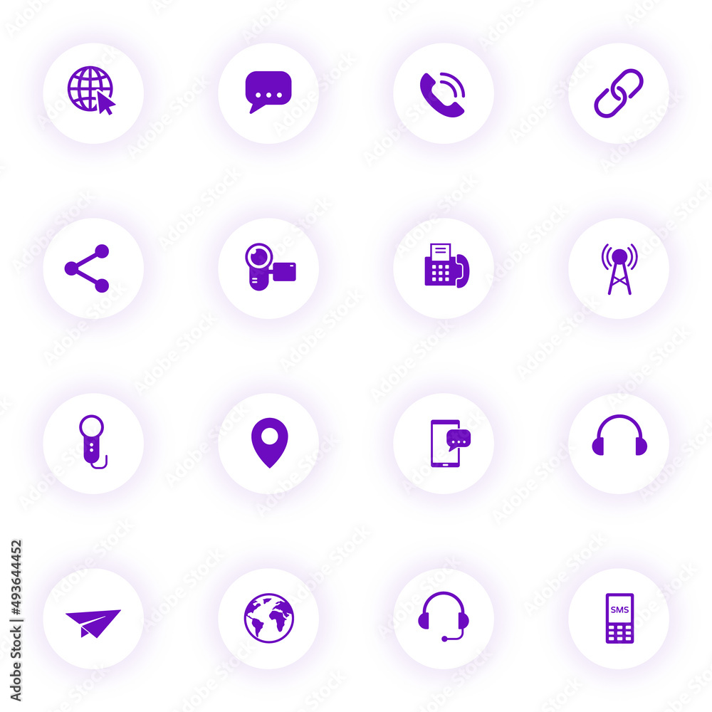 Poster media purple color vector icons on light round buttons with purple shadow. media icon set for web, m
