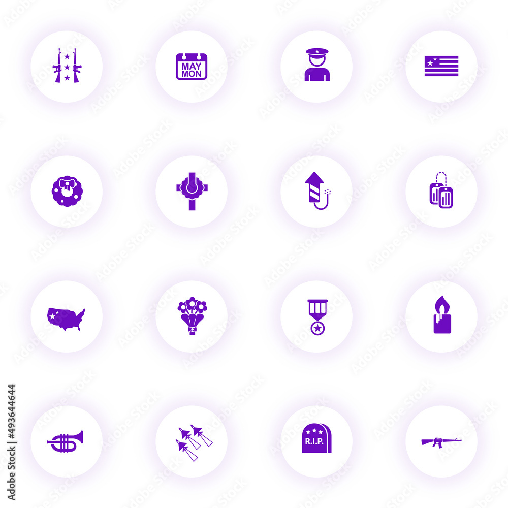 Poster memorial day purple color vector icons on light round buttons with purple shadow. memorial day icon 