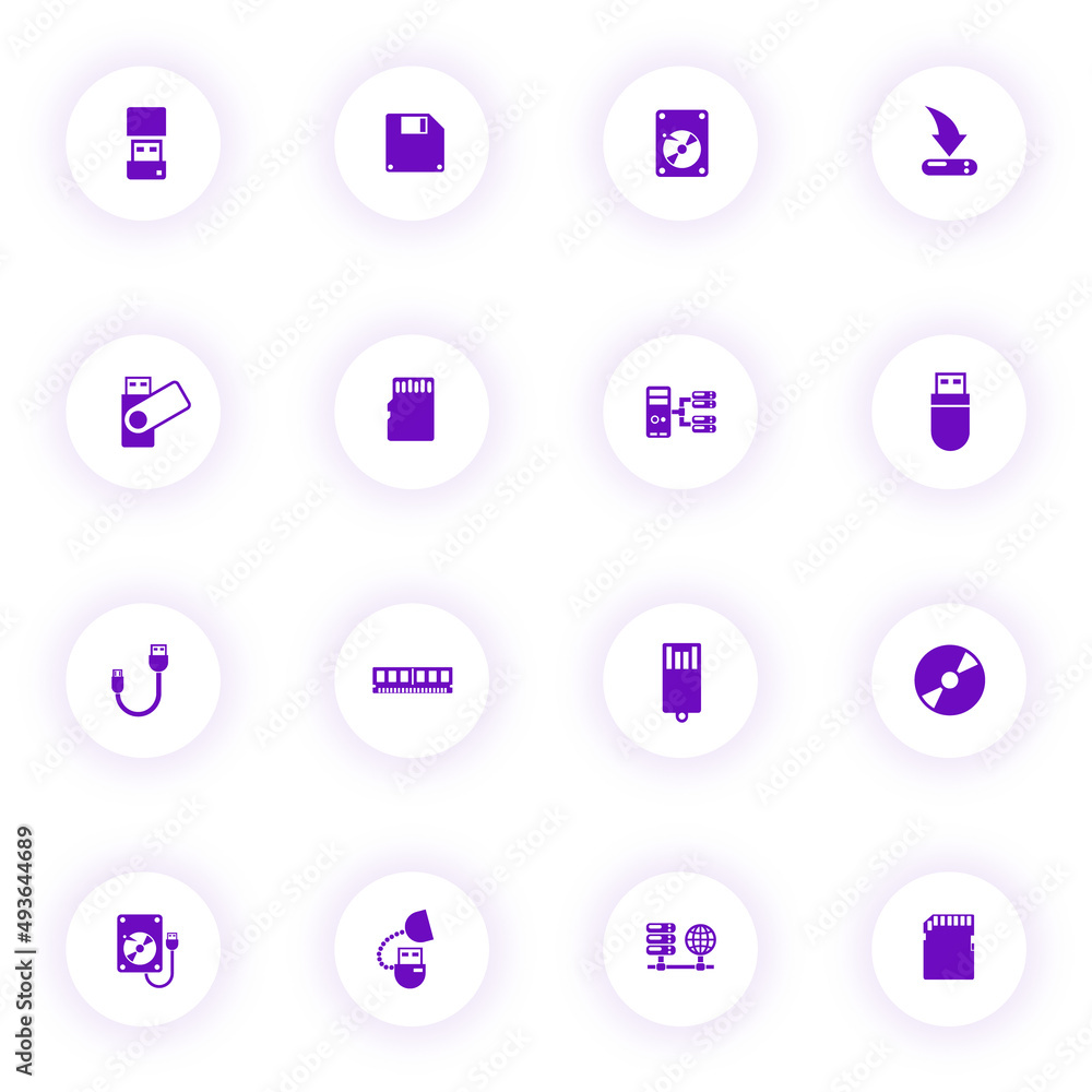 Poster memory drives purple color vector icons on light round buttons with purple shadow. memory drives ico
