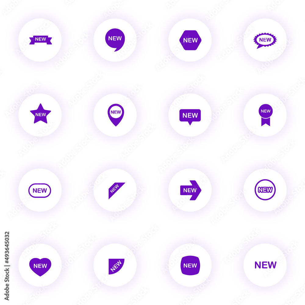 Poster new stickers purple color vector icons on light round buttons with purple shadow. new stickers icon 