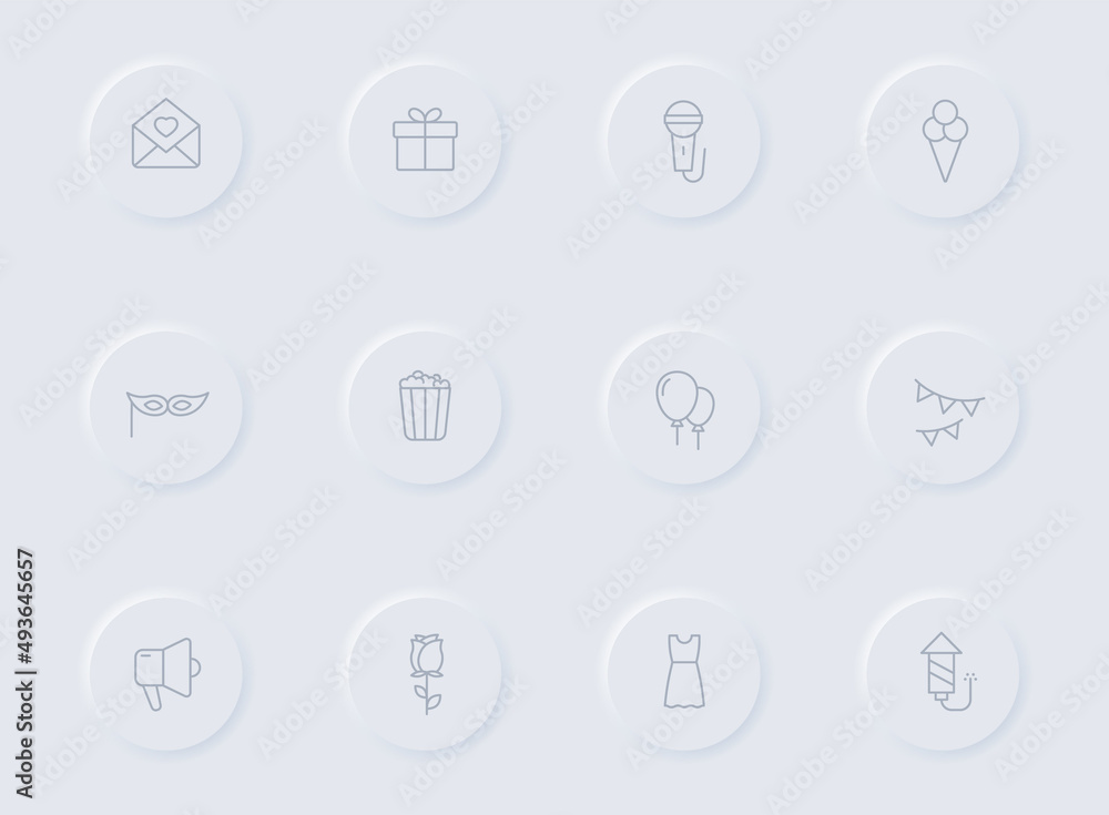 Poster party gray vector icons on round rubber buttons. party icon set for web, mobile apps, ui design and 