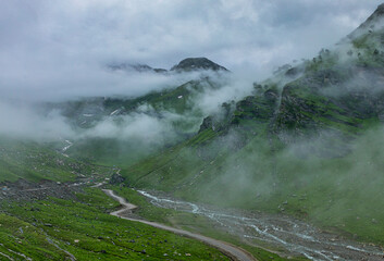 Cloud covered mountains seen from Rohtang Pass, Manali, Himachal Pradesh,India