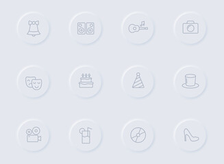 party gray vector icons on round rubber buttons. party icon set for web, mobile apps, ui design and promo business polygraphy
