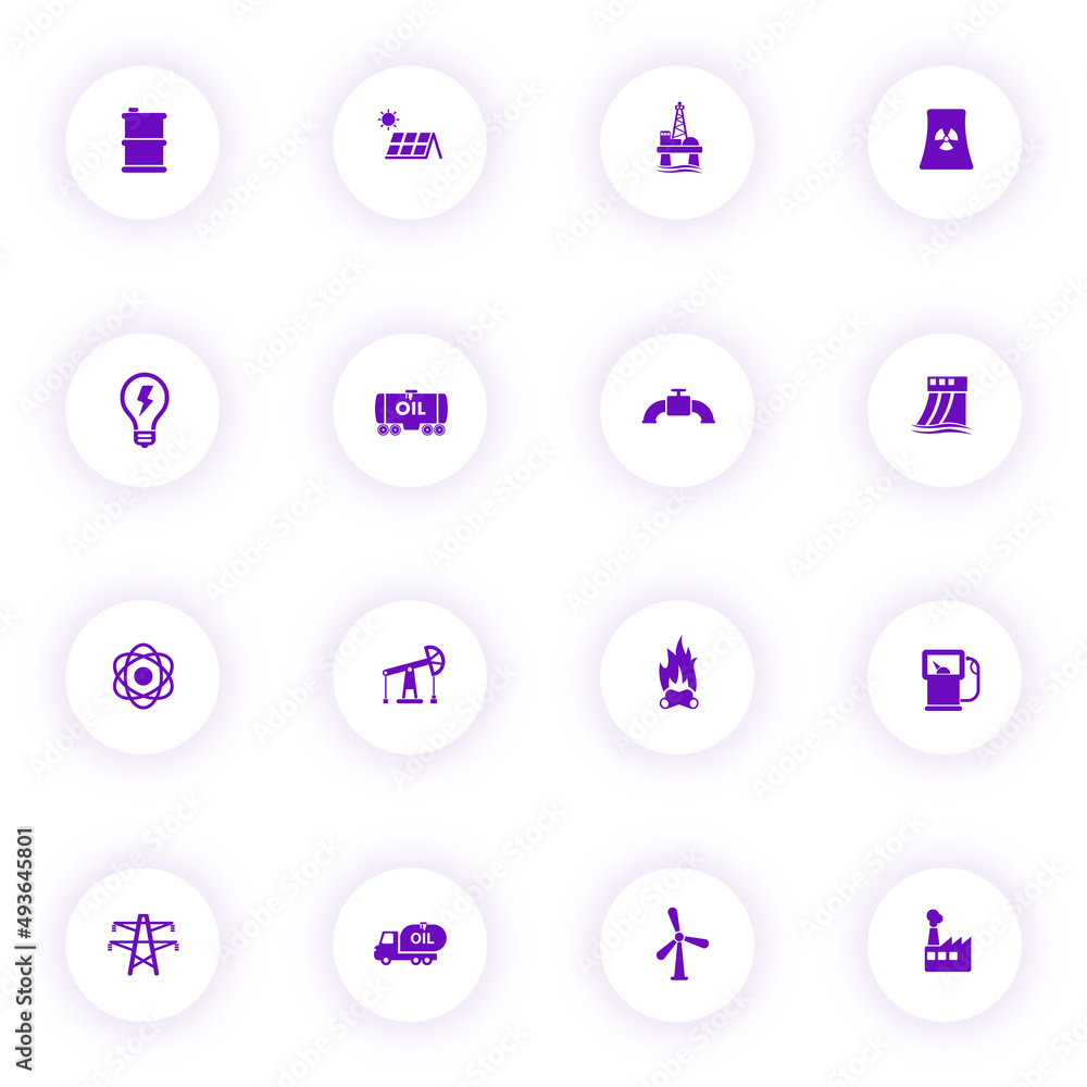 Poster power generation purple color vector icons on light round buttons with purple shadow. power generati