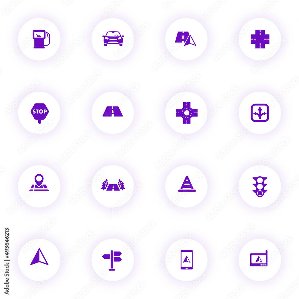 Poster road purple color vector icons on light round buttons with purple shadow. road icon set for web, mob