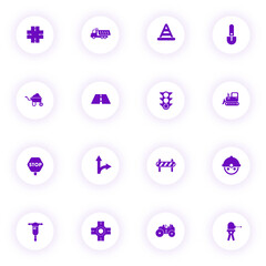 road repairs purple color vector icons on light round buttons with purple shadow. road repairs icon set for web, mobile apps, ui design and print