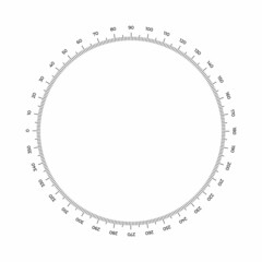 Vector illustration round meter scale isolated on white background. Measuring circle scale in flat style. Circular ruler template. 360 degrees. Protractor grid.