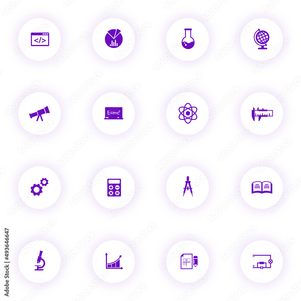 Poster scince purple color vector icons on light round buttons with purple shadow. scince icon set for web,