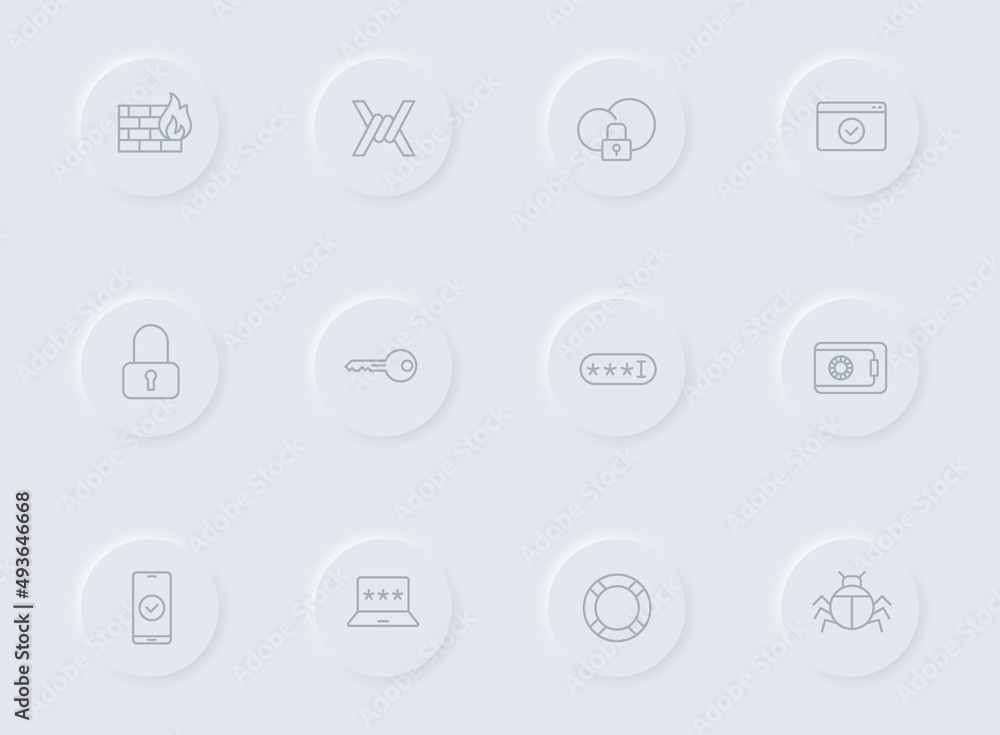 Poster security gray vector icons on round rubber buttons. security icon set for web, mobile apps, ui desig