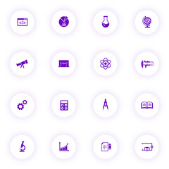 scince purple color vector icons on light round buttons with purple shadow. scince icon set for web, mobile apps, ui design and print