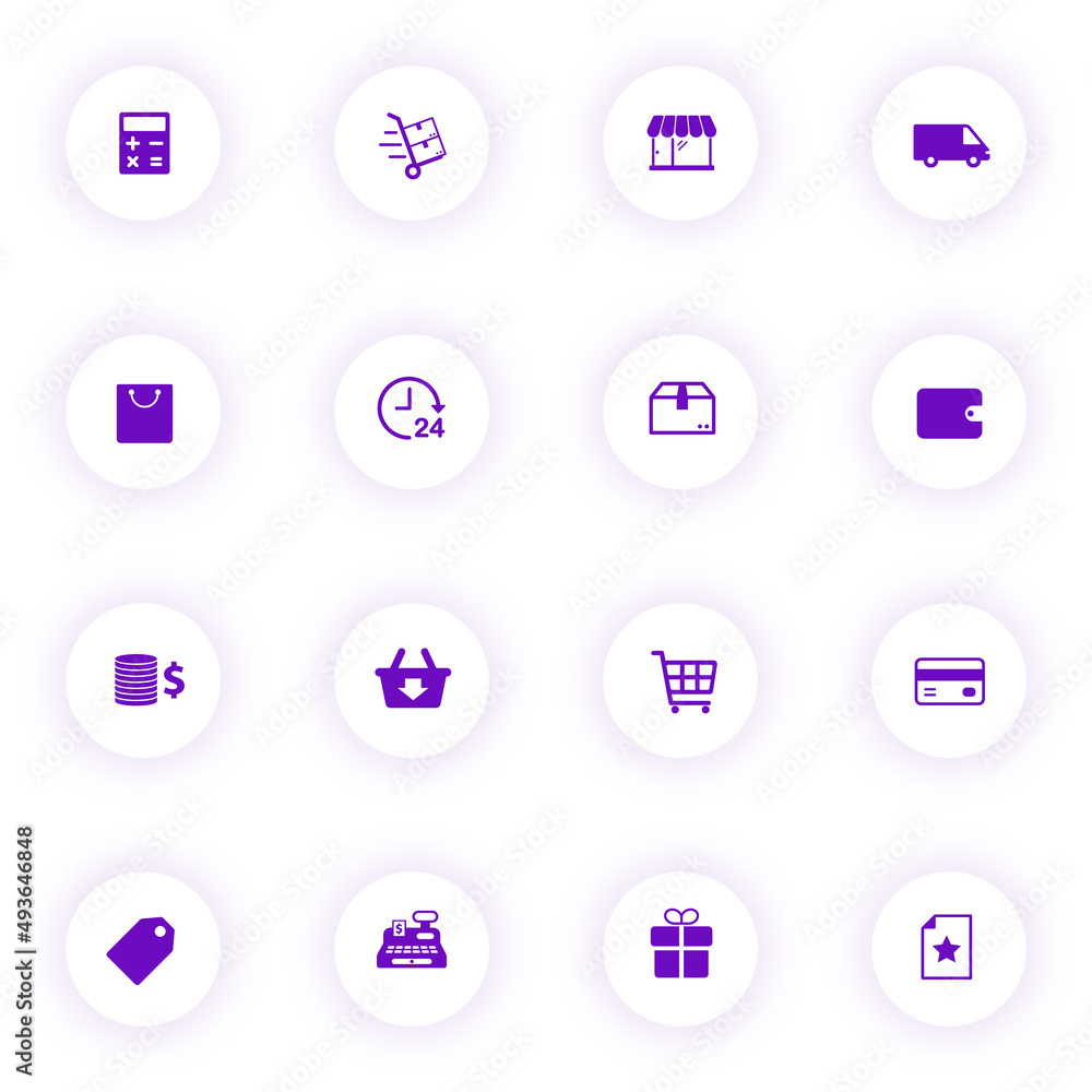 Poster shopping purple color vector icons on light round buttons with purple shadow. shopping icon set for 