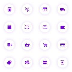 shopping purple color vector icons on light round buttons with purple shadow. shopping icon set for web, mobile apps, ui design and print
